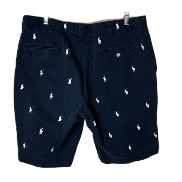 Polo Ralph Lauren Navy All-Over Embroidered Pony Flat Front Chino Shorts Size 36 - Picture 5 of 12